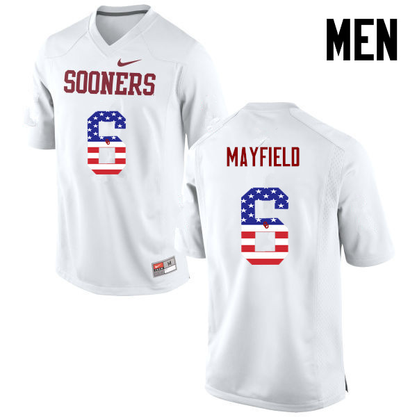 Men Oklahoma Sooners #6 Baker Mayfield College Football USA Flag Fashion Jerseys-White - Click Image to Close